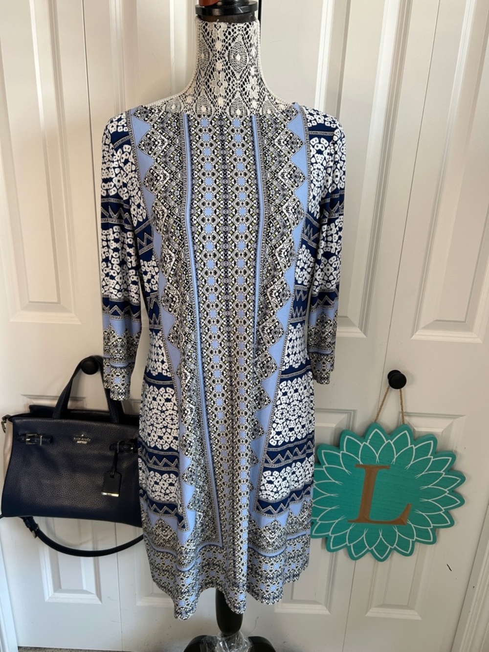 London Times Women's Blue Patterned Midi Dress Size 14